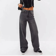 High Waist Stone Washed Grey Slight Stretch Wide Leg Denim Long Jeans