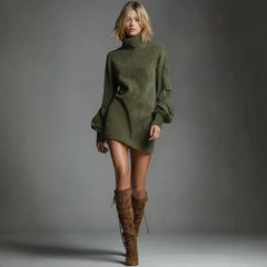 Retro Western Faux Suede Mini Dress High Neck Lantern Sleeve Cargo Pocket Loose Tunic Dress