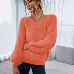 Bright Orange Furry V Neck Sweater Ladies Balloon Sleeve Soft Casual Fall Knit Top