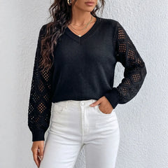 Hollow Crochet Mesh Sleeve V Neck Knit Top Solid Ribbed Body Fall Jumper