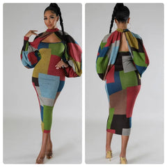 Geometric Patchwork Bodycon Midi Dress