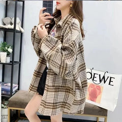 Fall Oversized Brown Black Plaid Shirt, Long Length Button Front Loose Fit Blouse