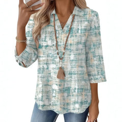 Abstract Floral Print Lapel Collar 3/4 Sleeve Four-Way Stretch Commuter Blouse