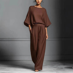 Brown Batwing Sleeve Top & Wide-Leg Pants Two-Piece Set