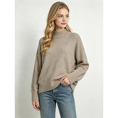 Semi Turtleneck Solid Color Knit Pullover Sweater