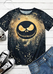 Halloween Skull Face Print Crew Neck Short Sleeve T‑Shirt