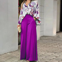 Floral Print Long Sleeve Shirt & Wide Leg Pants Two Piece Set