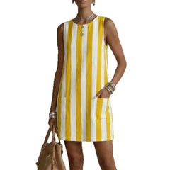 Round Neck Sleeveless Vertical Stripe Linen Mini Dress