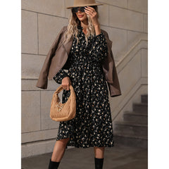 V‑neck Floral Lantern Sleeve Midi Dress
