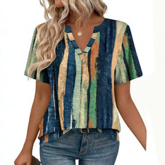 Color Block Vertical Stripe Split V Neck Short Sleeve Polyester Pullover Top