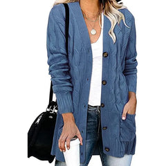 Casual Long Sleeve Cable Knit Cardigan Ladies Mid Length Open Front Button Sweater Jacket