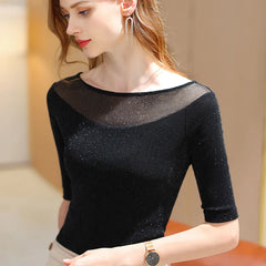 Sparkly Glitter Knit Half Sleeve Fitted Blouse