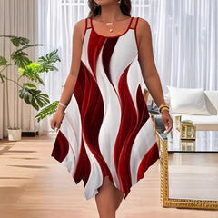 Wave Print Round Neck Double Spaghetti Strap Loose Irregular Hem Midi Dress