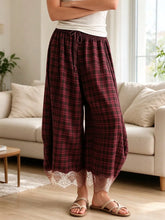Brown Plaid Lace Trim Cropped Wide Leg Pants