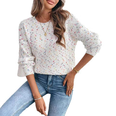 White Confetti Dot Knit Jumper, Relaxed Fit Round Neck Sweater