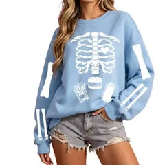 Halloween Skeleton Food Print Crew Neck Sweatshirt