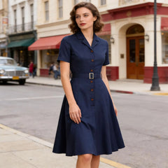 Lapel Short Sleeve Button Front Belted Vintage Swing Midi Dress