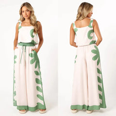 Green White Floral Print Sleeveless Top & Wide Leg Pants Two Piece Set