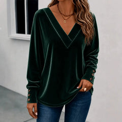 V Neck Velvet Long Sleeve Casual Top