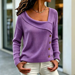 Asymmetric Neck Button Detail Knit Sweater Long Sleeve Loose Soft Pullover