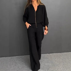 V-Neck Puff Sleeve Top & Wide Leg Pants Solid Two-Piece Casual Set