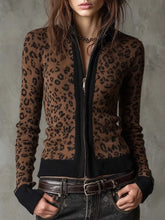 Y2K Leopard Print Zip Front Sweater, Slim Stand Collar Knit Jacket for Street Style