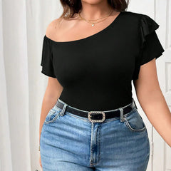 Plus Size Black Asymmetrical Neck Blouse