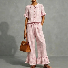 Gingham Peter Pan Collar Ruffle Short Sleeve Top & Flared Pants Two Piece Set