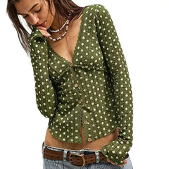 Retro Polka Dot V-Neck Long Sleeve Top, Lace Edge Button Front Slim Blouse