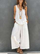 White V-Neck Sleeveless Vest & Wide-Leg Pants Two-Piece Set