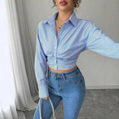 Striped Ruched Cropped Button Down Shirt