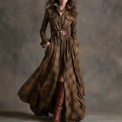 Vintage Western Tartan Plaid Maxi Dress for Collared Long Sleeve Flowy A Line Shirt Dress