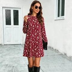 Round Neck Ditsy Floral Long Sleeve A-Line Mini Dress Slim Mid Waist Casual Campus Daily Dress