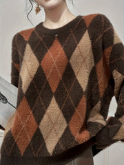 Crew Neck Argyle Knit Sweater