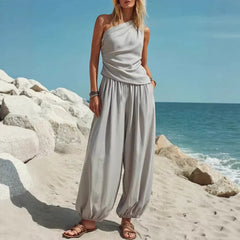 2 Piece Outfit, One Shoulder Ruched Tank Top and Loose Harem Pants Set