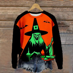 Halloween Witch Pumpkin Print Crew Neck Sweatshirt