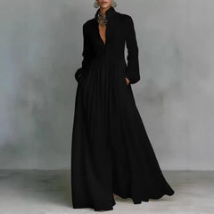 White Stand Collar Pleated Long Sleeve Maxi Shirt Dress