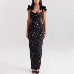Lace Applique Bow Strap Bodycon Maxi Dress