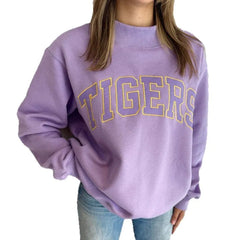 Lavender TIGERS Letter Print Sweatshirt, Casual Loose Mock Neck Fall Pullover Top