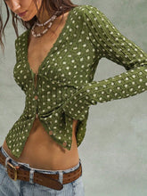 Retro Polka Dot V-Neck Long Sleeve Top, Lace Edge Button Front Slim Blouse