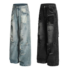Mid Waist Non-Stretch Ripped Straight Denim Jeans