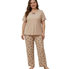 Plus Size Bow Print Ruffle Edge Short Sleeve Long Pants Loungewear Set