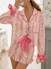 Lapel Floral Heart Print Long Sleeve Top & Ruffle Shorts Pajama Set