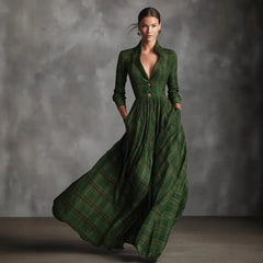 Grey Tartan Plaid Maxi Dress for Elegant V Neck Stand Collar Waist Fit Flare Long Dress