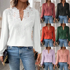 Lace V Neck Puff Sleeve Blouse