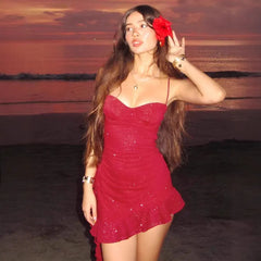 Glitter Ruched Ruffle Hem Spaghetti Strap Mini Dress