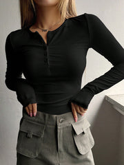 Ribbed Henley Long Sleeve Top