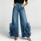 Blue Ruffle Tulle Trim Wide Leg Denim Pants