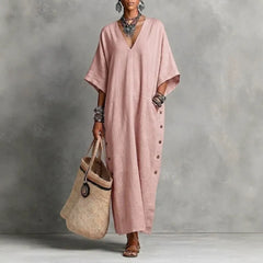 Apricot Cotton Linen V-Neck Button Detail Maxi Dress