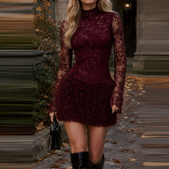 Burgundy Floral Lace Fringe Mini Dress